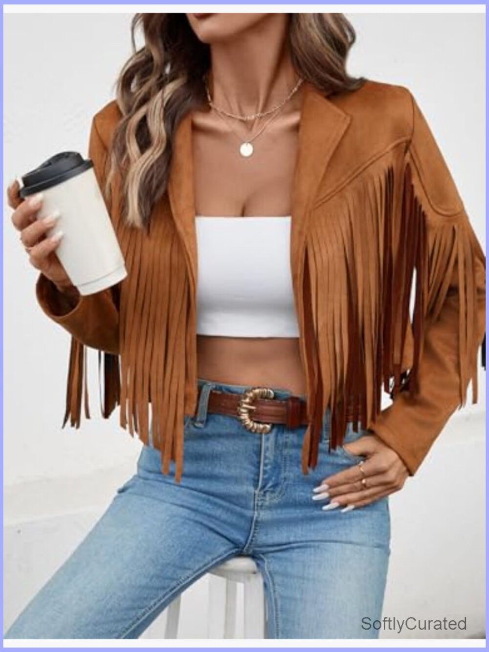 Faux Suede Leather Tassel Cropped Fringe Jacket With Lining - Picture 4 of 7